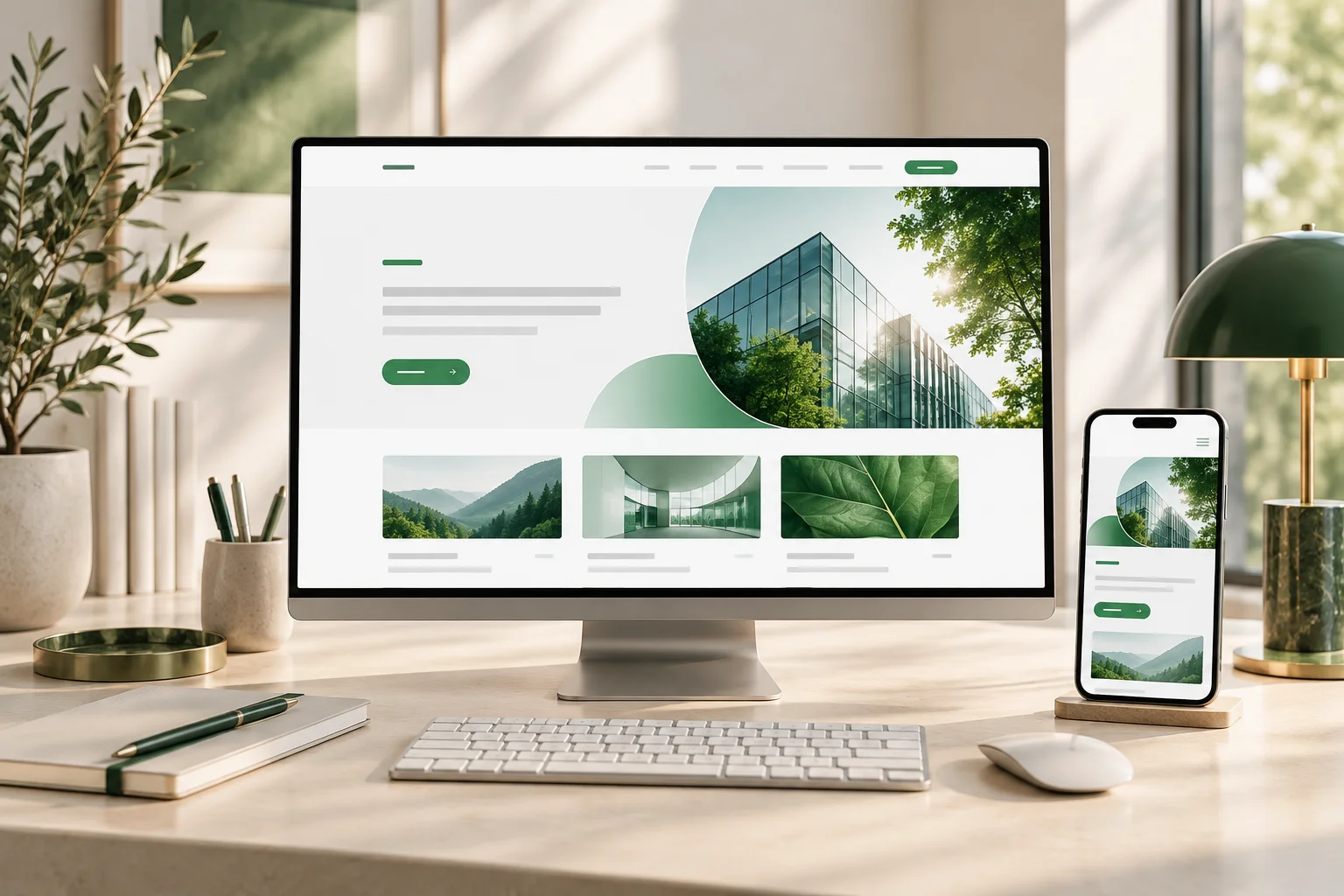 Illustrative desktop and mobile website design in a modern studio